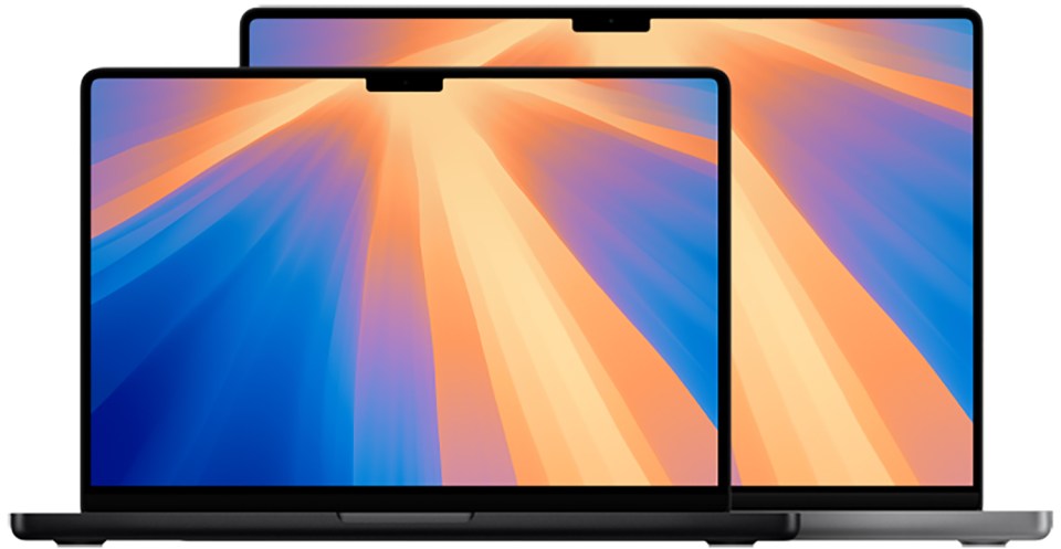 two laptops are displayed side by side with a blue and orange background