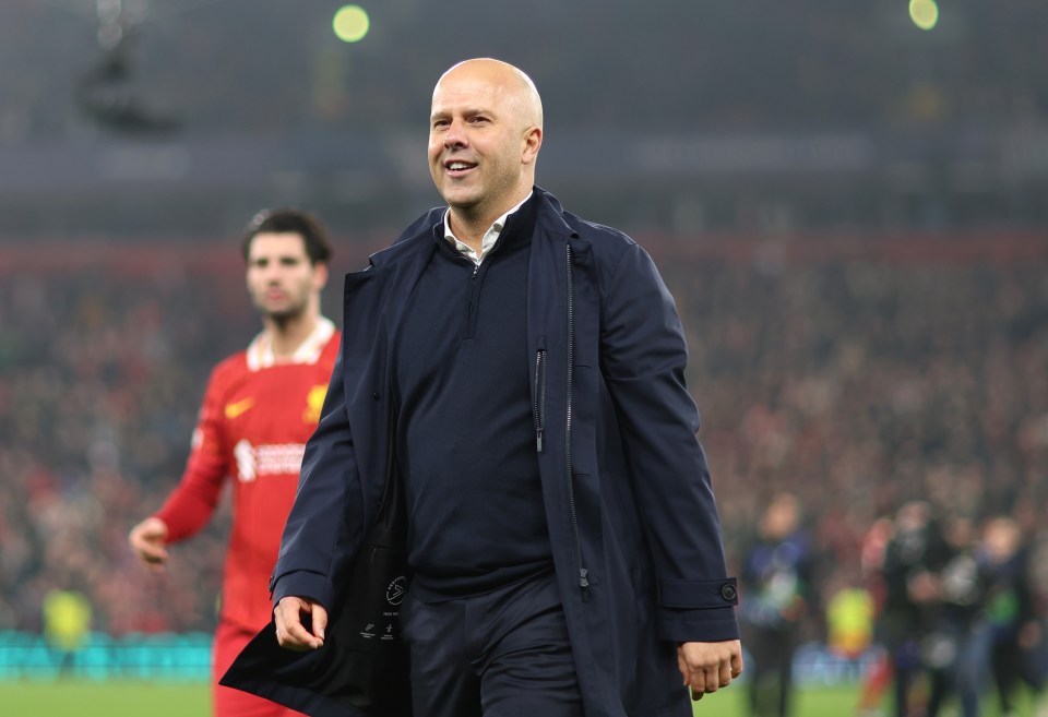 a man in a blue coat stands on a soccer field