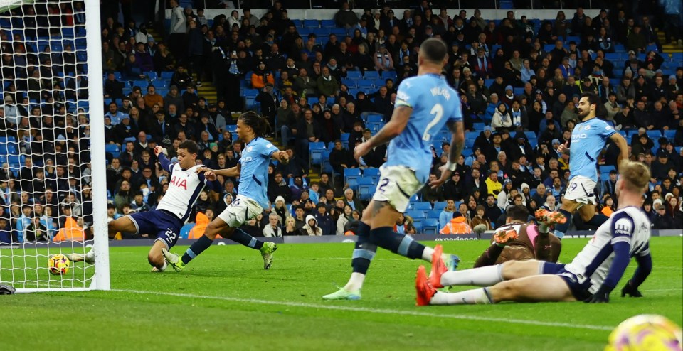 Brennan Johnson slide in to score Spurs’ fourth in stoppage time at City where thumped 4-0