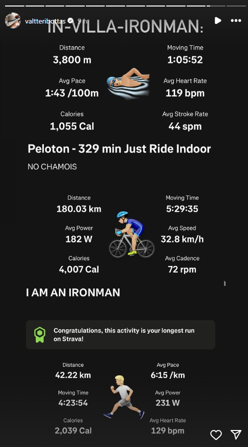 Bottas posted his results on his Instagram story hours later