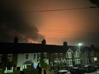 Plumes of black smoke can be seen after a fire broke out in Hitchin, Hertfordshire