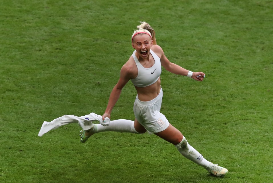 Chloe Kelly of England celebrates after scoring their team’s second goal during the UEFA Women’s Euro 2022 final match between England and Germany