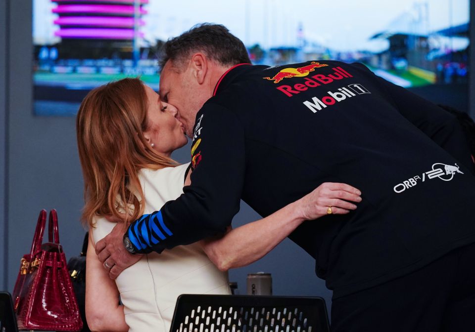 Horner and Halliwell kiss before the Bahrain Grand Prix in March 2023, where the couple put on a united front during the scandal