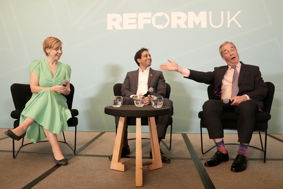 Dame Andrea Jenkyns, Reform UK Chairman Zia Yusuf, and Reform UK leader Nigel Farage during the press conference at The May Fair hotel