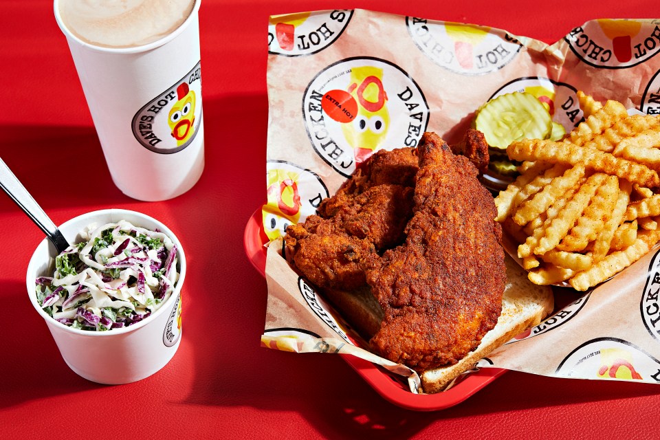 The chain is known for its jumbo hot chicken sliders, slaw and fries