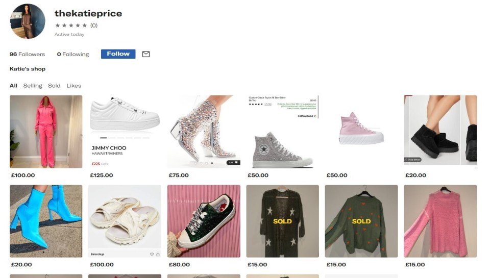 Katie has a page on the second hand clothing site where she has listed a variety of clothes and shoes to make ends meet