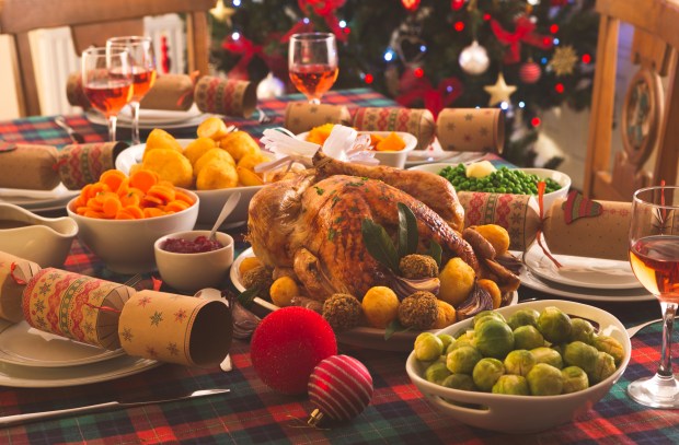 a table set for a christmas dinner with a turkey on it