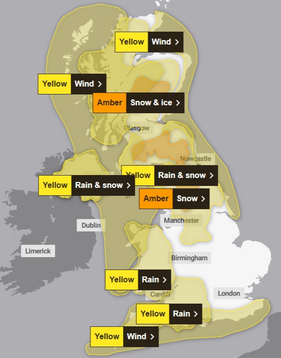 An Amber warning will be in place for parts of North England and Scotland throughout Saturday