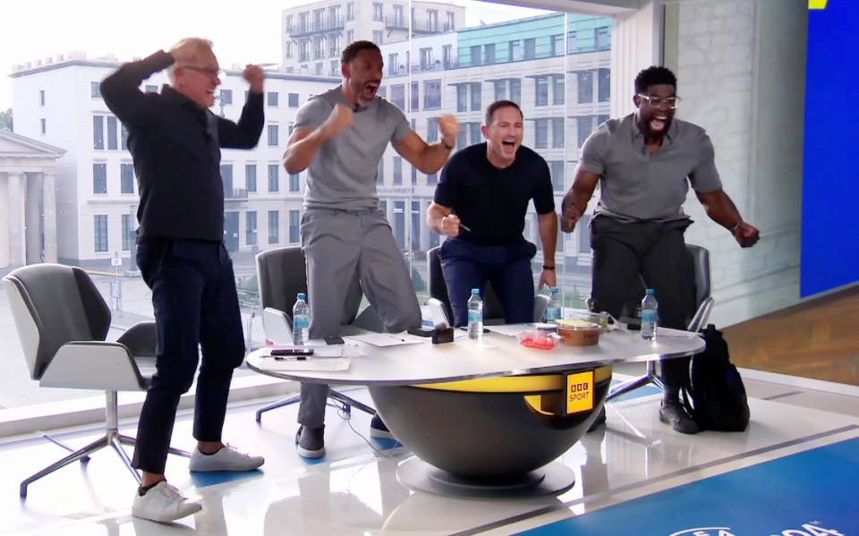 Gary, Rio Ferdinand, Frank Lampard amd Micah Richards go wild after England go through after beating Switzerland on penalties at Euro 2024