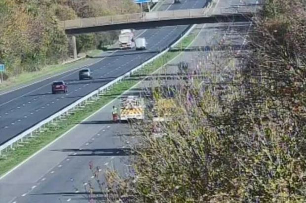 a red car is driving down a highway next to a yellow truck .