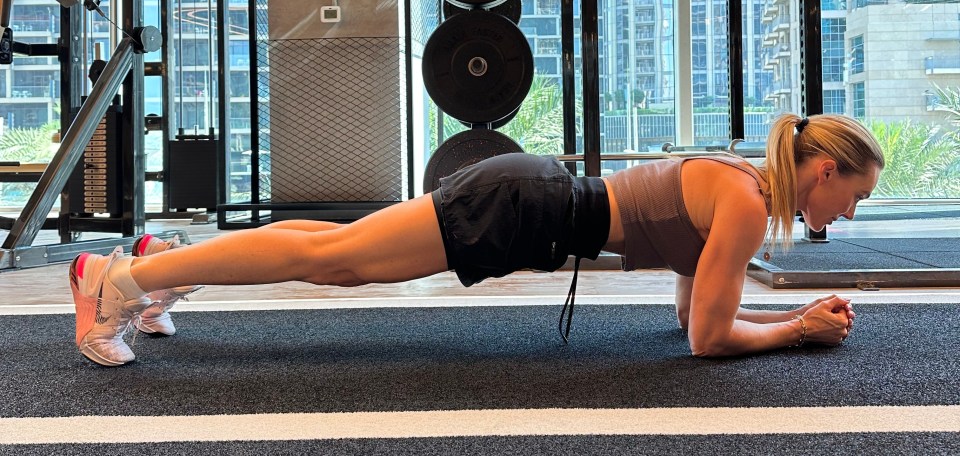 Lie face down on the floor, then push yourself up so you are resting on your forearms and toes