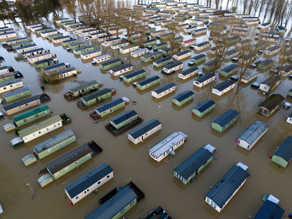 Flooded caravans at Billing Aquadrome Holiday Park near Northampton, Northamptonshire