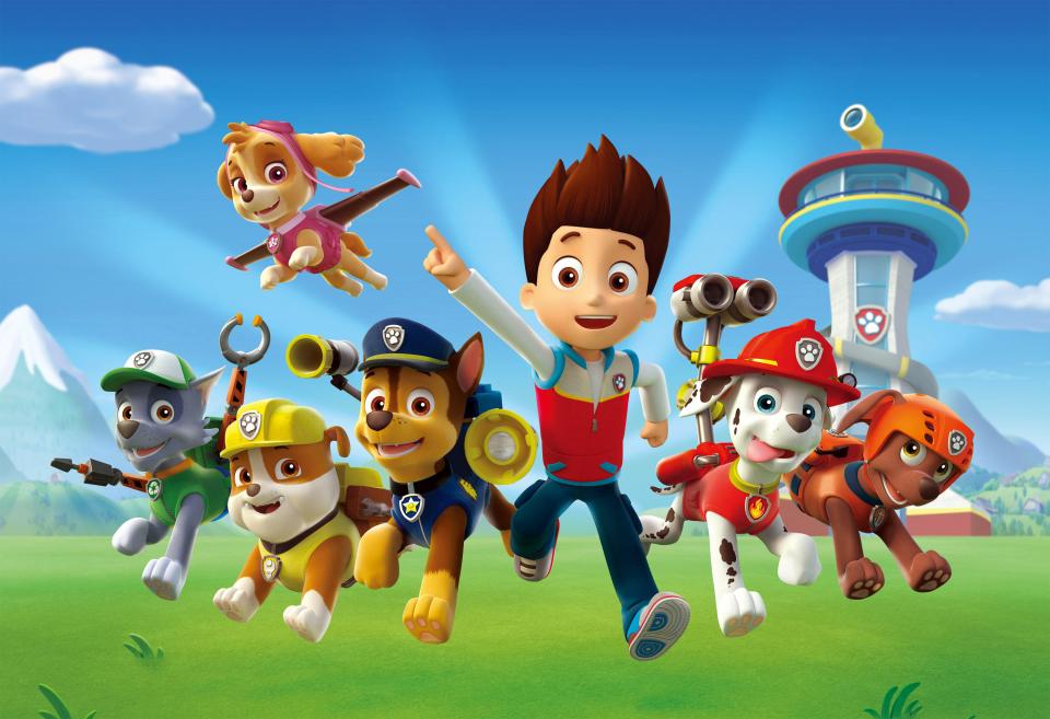 a group of paw patrol characters are running in a field