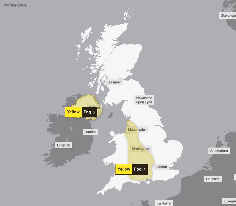 A cloud of fog is expected to hit southwest England, northwest England and Northern Ireland