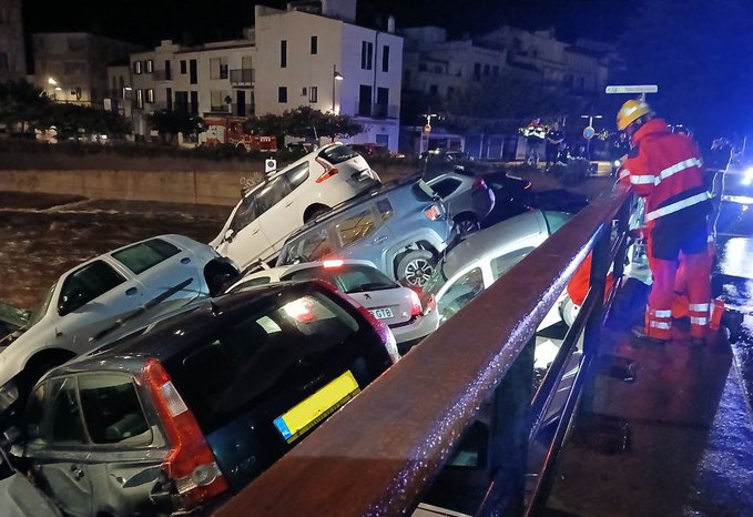 Cars piled high in Cadaques, Girona, in the northeastern region of Catalonia