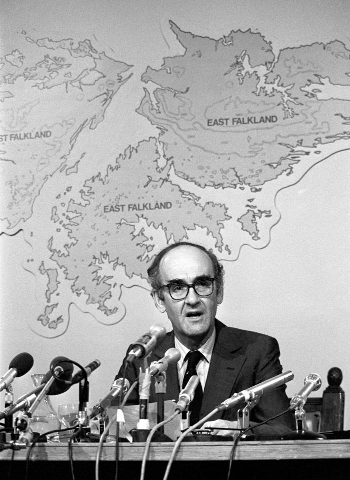 Sir John making an announcement during the Falklands War