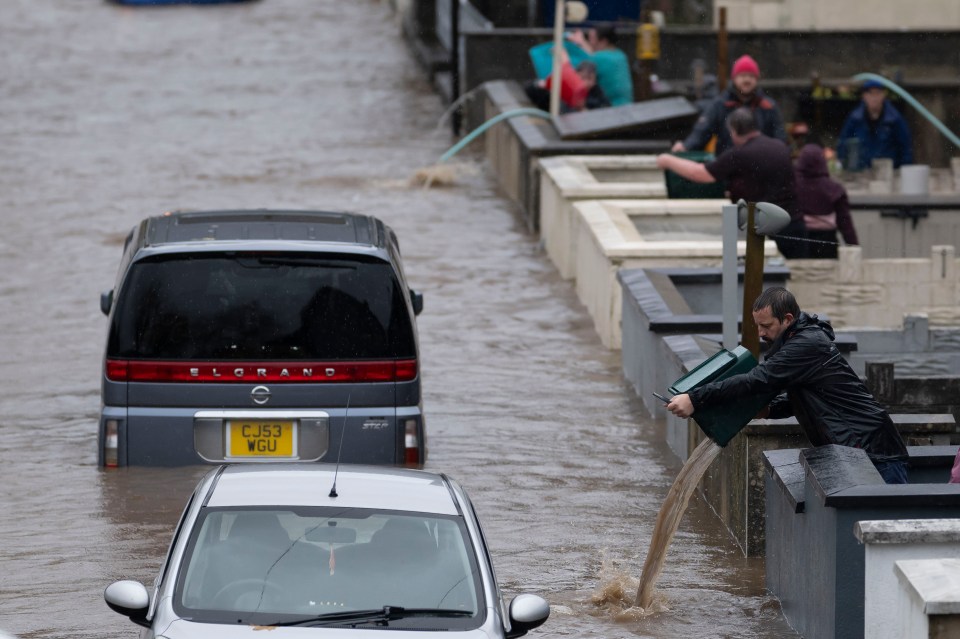 Flooding in Sion Street, Pontypridd, South Wales this morning