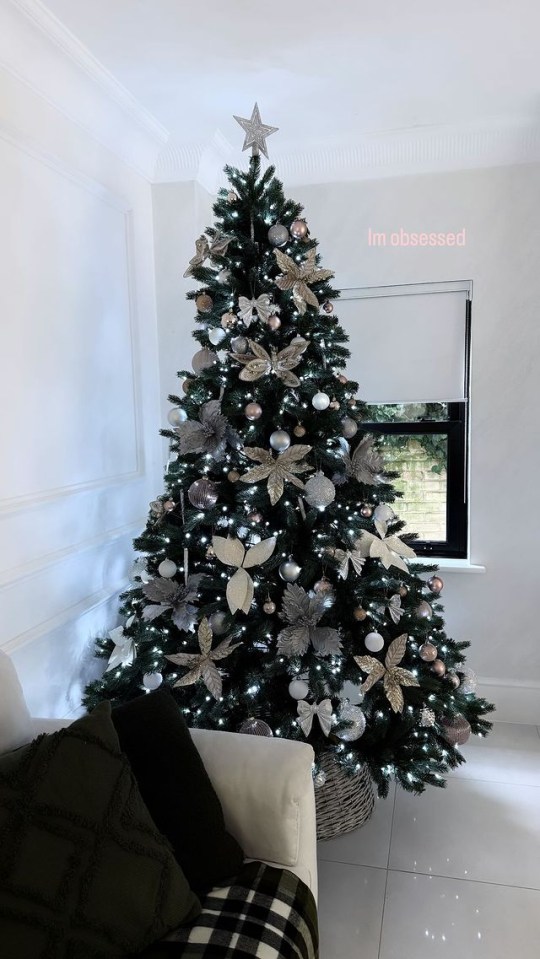 a christmas tree in a living room with the caption im obsessed