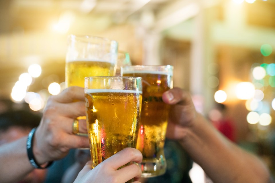 Friends toasting beer at a bar.