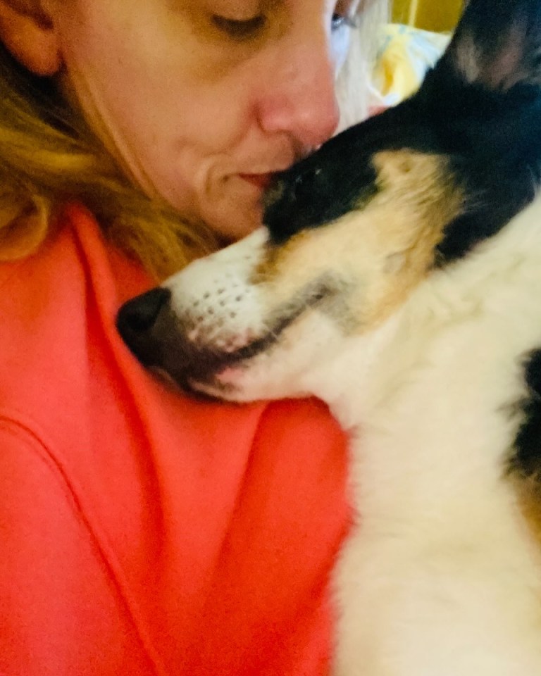 a woman kisses a black and white dog on the nose