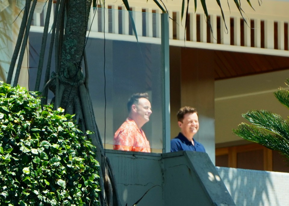 two men standing on a balcony with a tree in the background