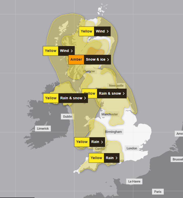 a map of the united kingdom showing yellow rain and snow