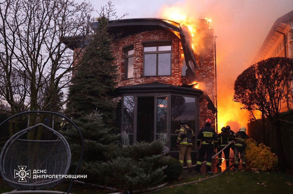 A burning building in Dnipro after a missile strike