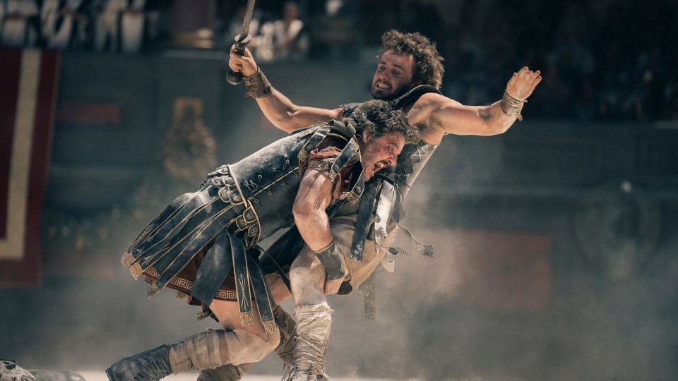 Pedro Pascal and Mescal during a scene for Gladiator II