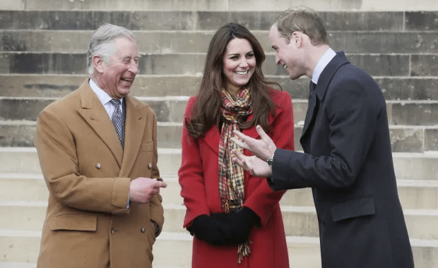 The monarch with his son Prince William and Princess Kate