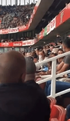 a group of people are sitting in a stadium watching a game .