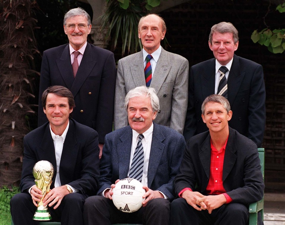 The MOTD team, clockwise from top left: Jimmy Hill, Barry Davies, John Motson, Gary, Des Lynam and Alan at the 1998 World Cup