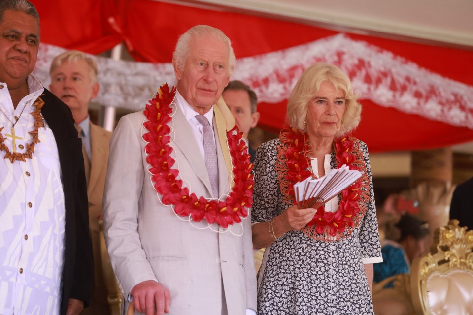 Charles and Camilla during a farewell ceremony at Siumu Village on the final day of the royal visit to Australia and Samoa