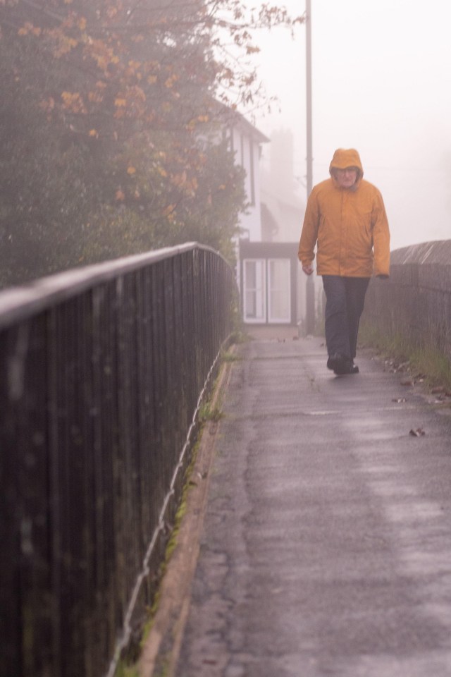 a man in a yellow jacket is walking in the fog