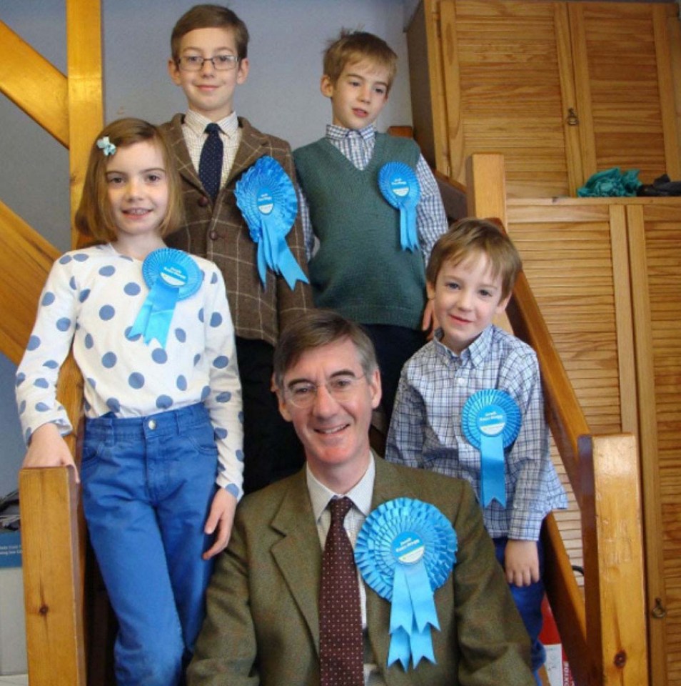 Jacob Rees-Mogg on the campaign trail with children (l to r) Mary Anne Charlotte Emma; Peter Theodore Alphege; Thomas Wentworth Somerset Dunstan; and Anselm Charles Fitzwilliam