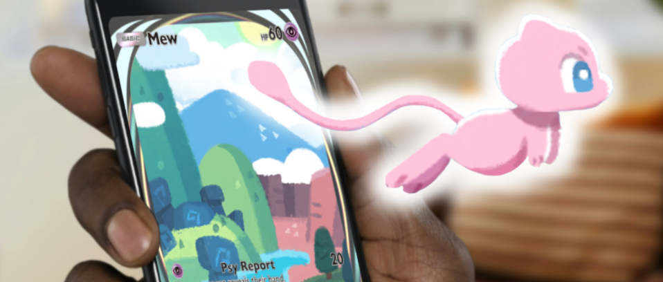 Mew Pokémon card game on a smartphone.