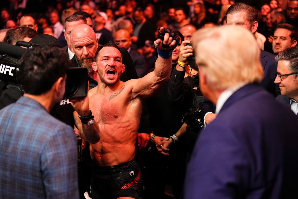 Michael Chandler gestured to Trump and Al-Rumayyan after his defeat to Charles Oliveira