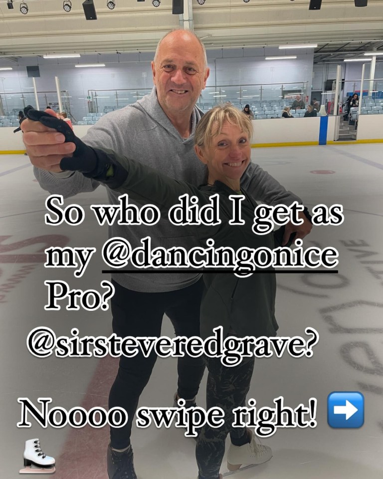 a man and woman are posing for a picture on an ice rink