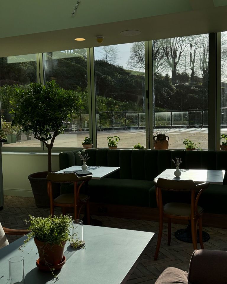 The eating area looks out over the vast terrace