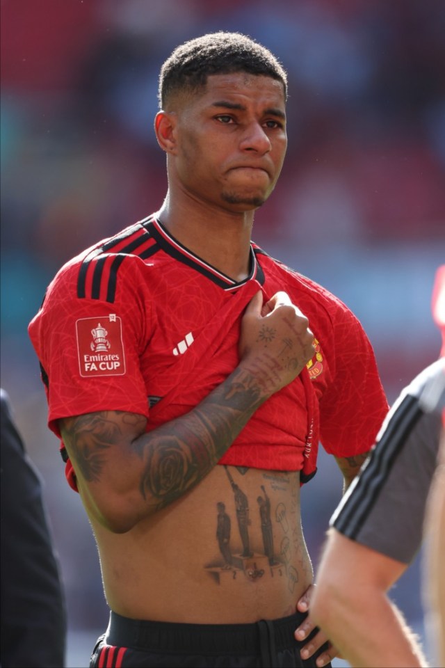 LONDON, ENGLAND - MAY 25: Marcus Rashford of Manchester United is crying after winning the Emirates FA Cup Final match between Manchester City and Manchester United at Wembley Stadium on May 25, 2024 in London, England. (Photo by Neal Simpson/Sportsphoto/Allstar via Getty Images)