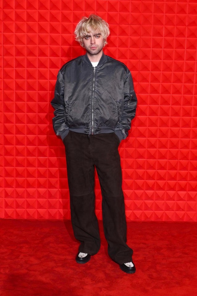 a man wearing a bomber jacket and black pants stands on a red carpet