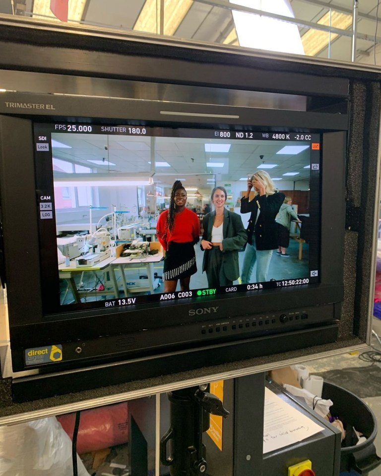 a sony monitor shows three women in a factory