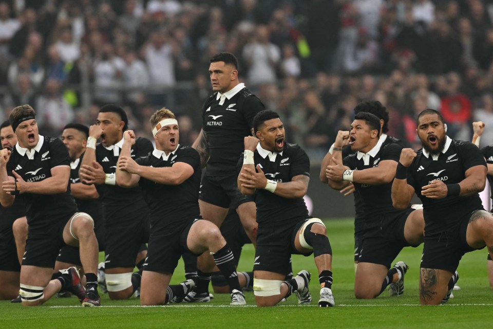 a group of rugby players are performing a haka