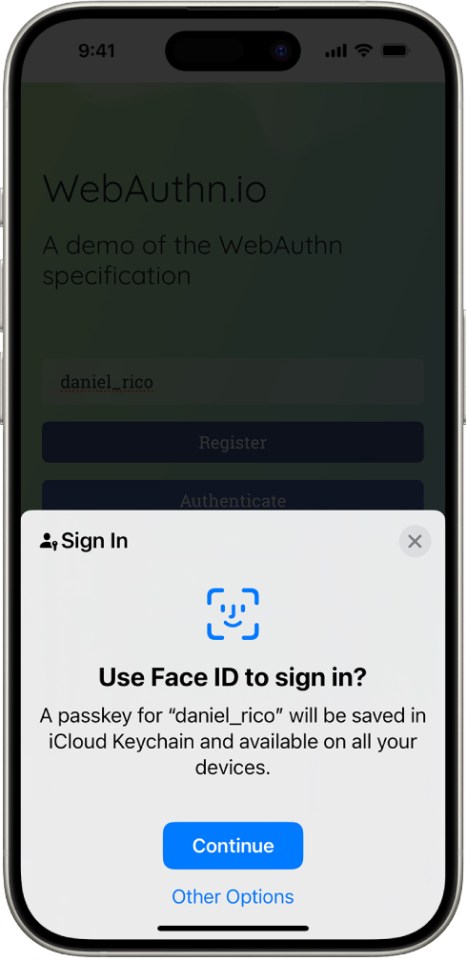 a phone with a webauthn.io app open