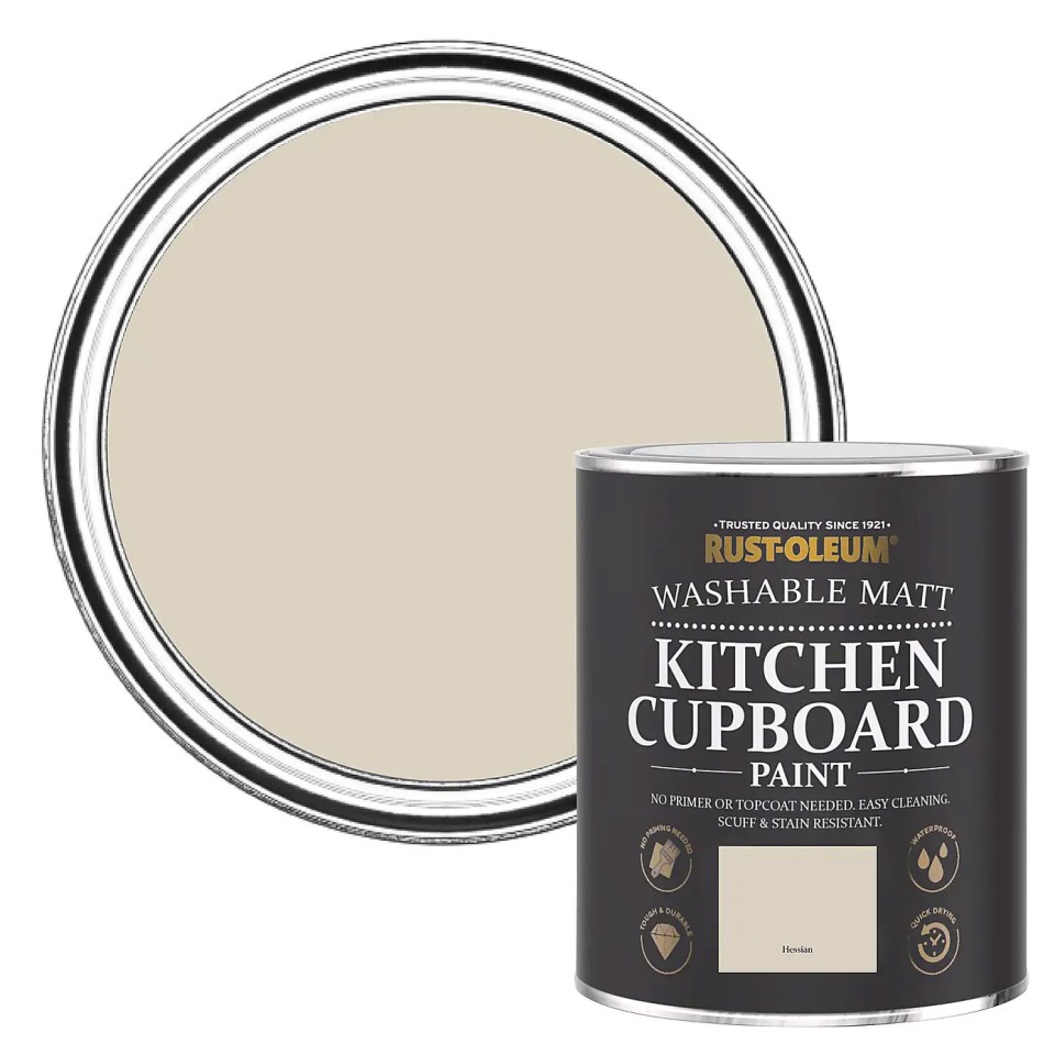 Emma raved about Rust-oleum kitchen cupboard paint in the colour Hessian, pictured