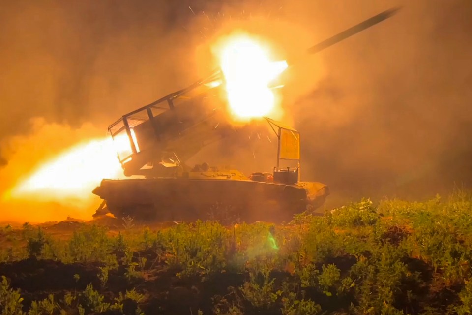 Russian army's multiple rocket launcher Solntsepyok fires towards Ukrainian positions in the border area of Kursk region