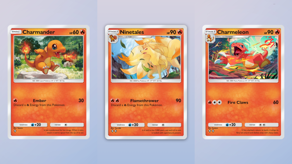 Three Pokémon trading cards: Charmander, Ninetales, and Charmeleon.