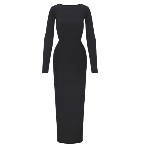 a black dress with long sleeves and a plunging neckline on a white background .