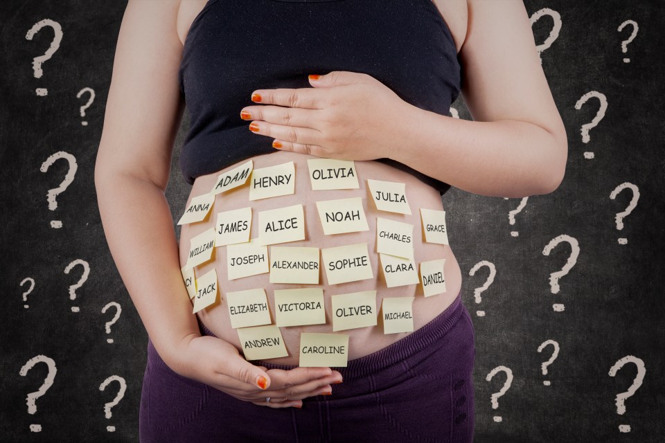 a pregnant woman has sticky notes on her belly with names like olivia and noah