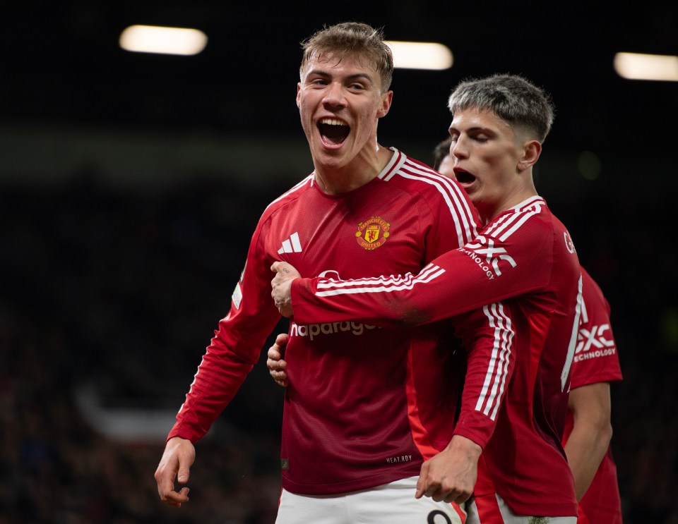 Rasmus Hojlund celebrates scoring in the Europa League