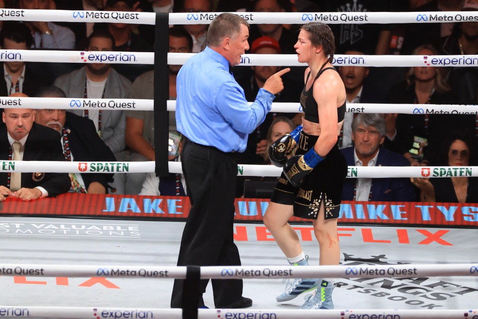 Referee Jon Schorle took a point off Katie Taylor for leading with the head